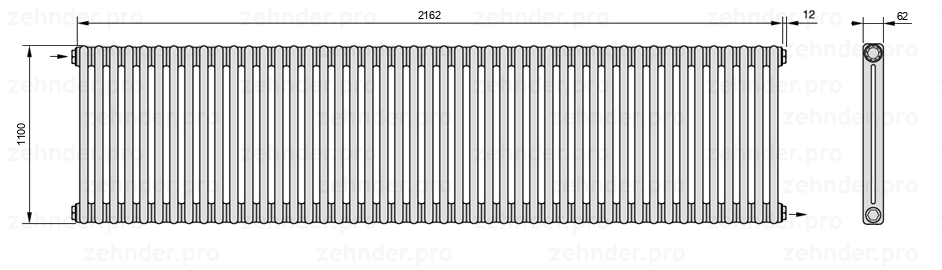 Схема (чертеж) Радиатор Zehnder Charleston 2110/47 №1670 Белый глянцевый RAL 9016